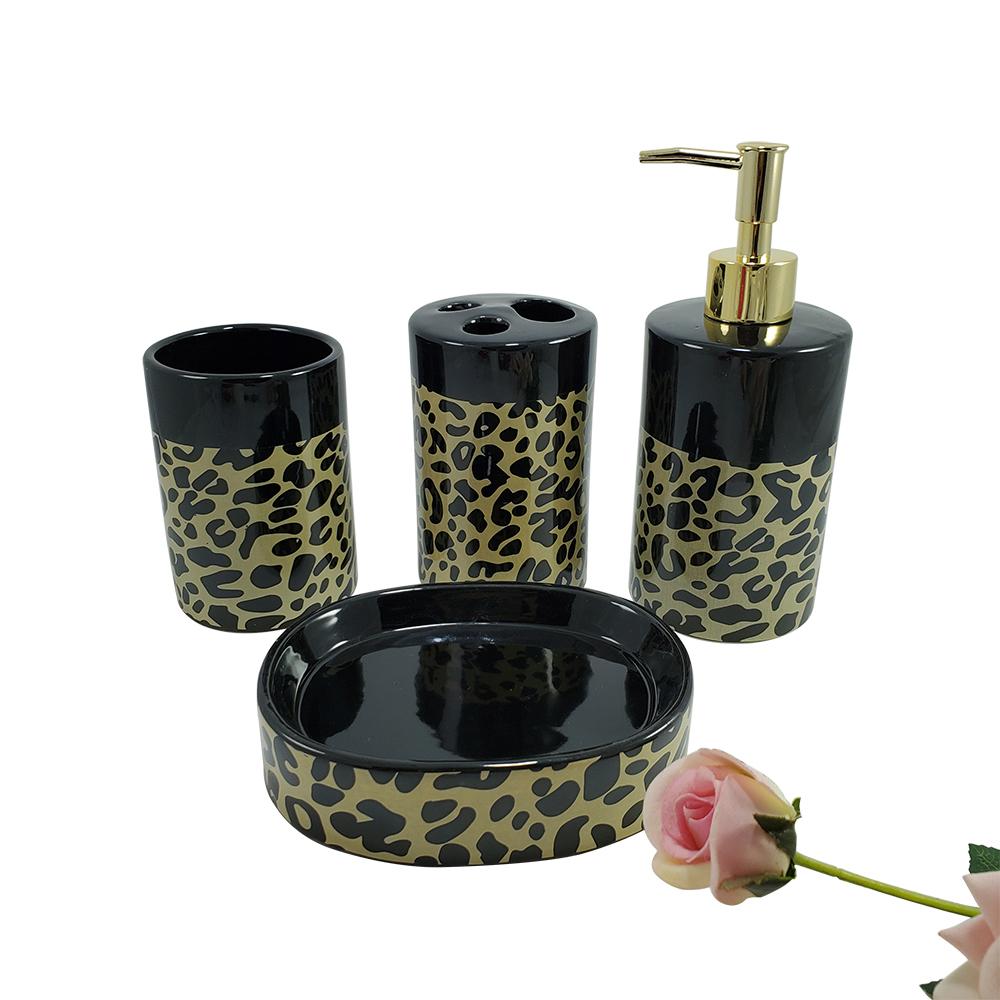 designer black leopard printed ceramic bathroom accessories set of five