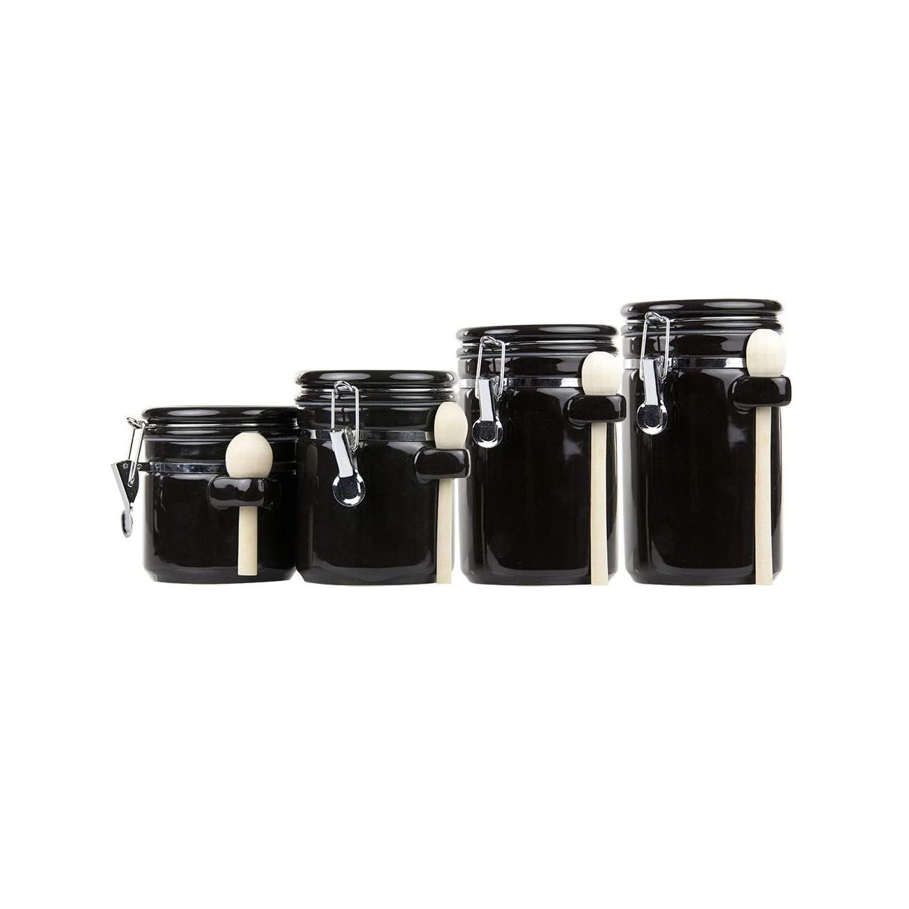 Airtight Black Kitchen Ceramic Coffee Storage Canister Set With Metal Lid