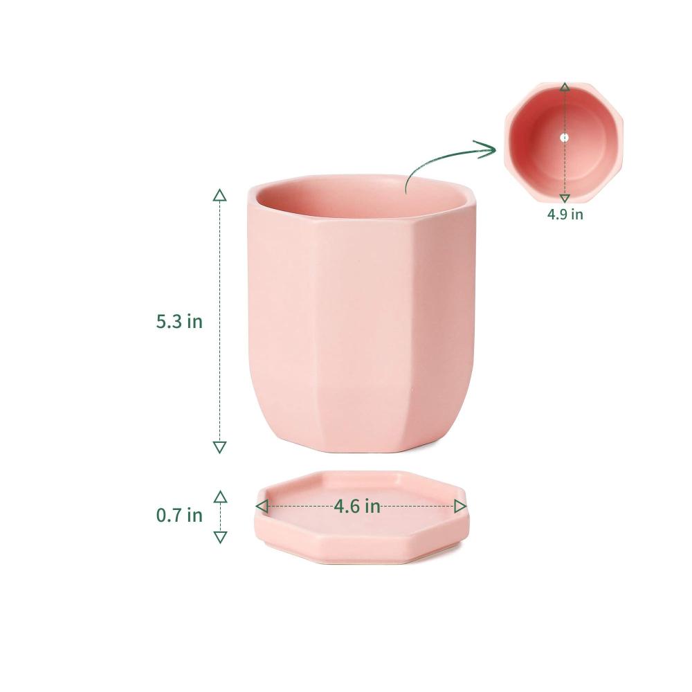 Geometric Pink Ceramic Planter Flower Pot With Saucer picture 5