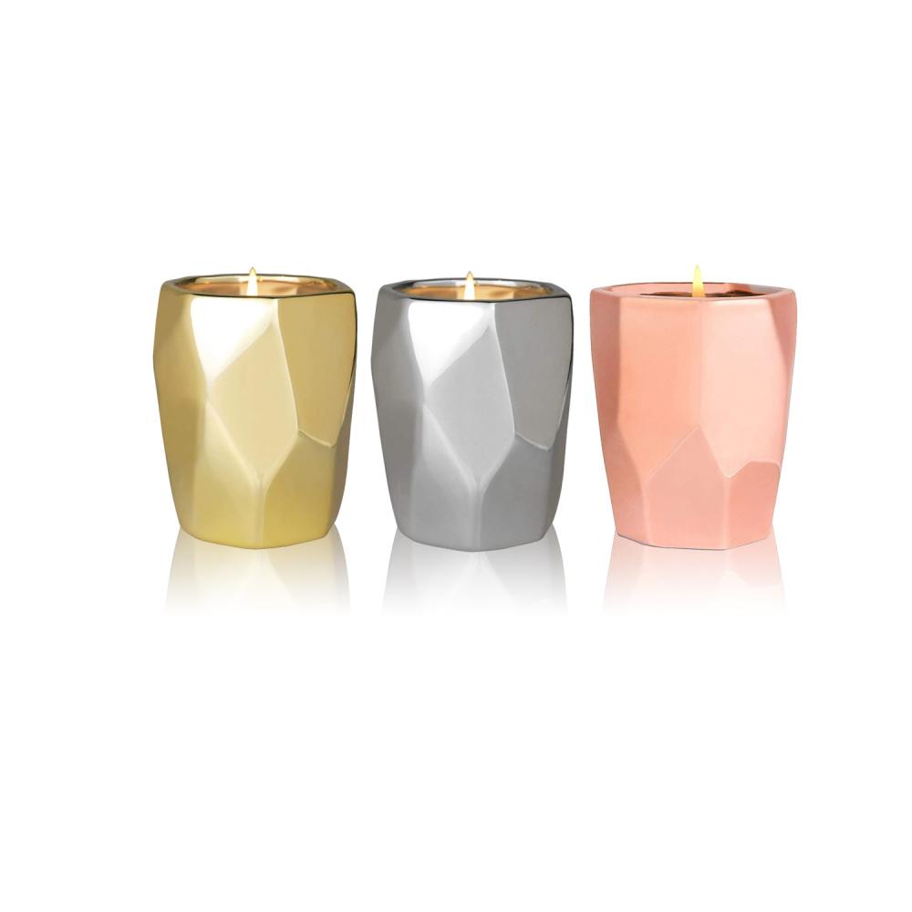 custom bulk unique electroplated luxury pink gold blink cylinder small geometric ceramic candle vessel jar for home decor