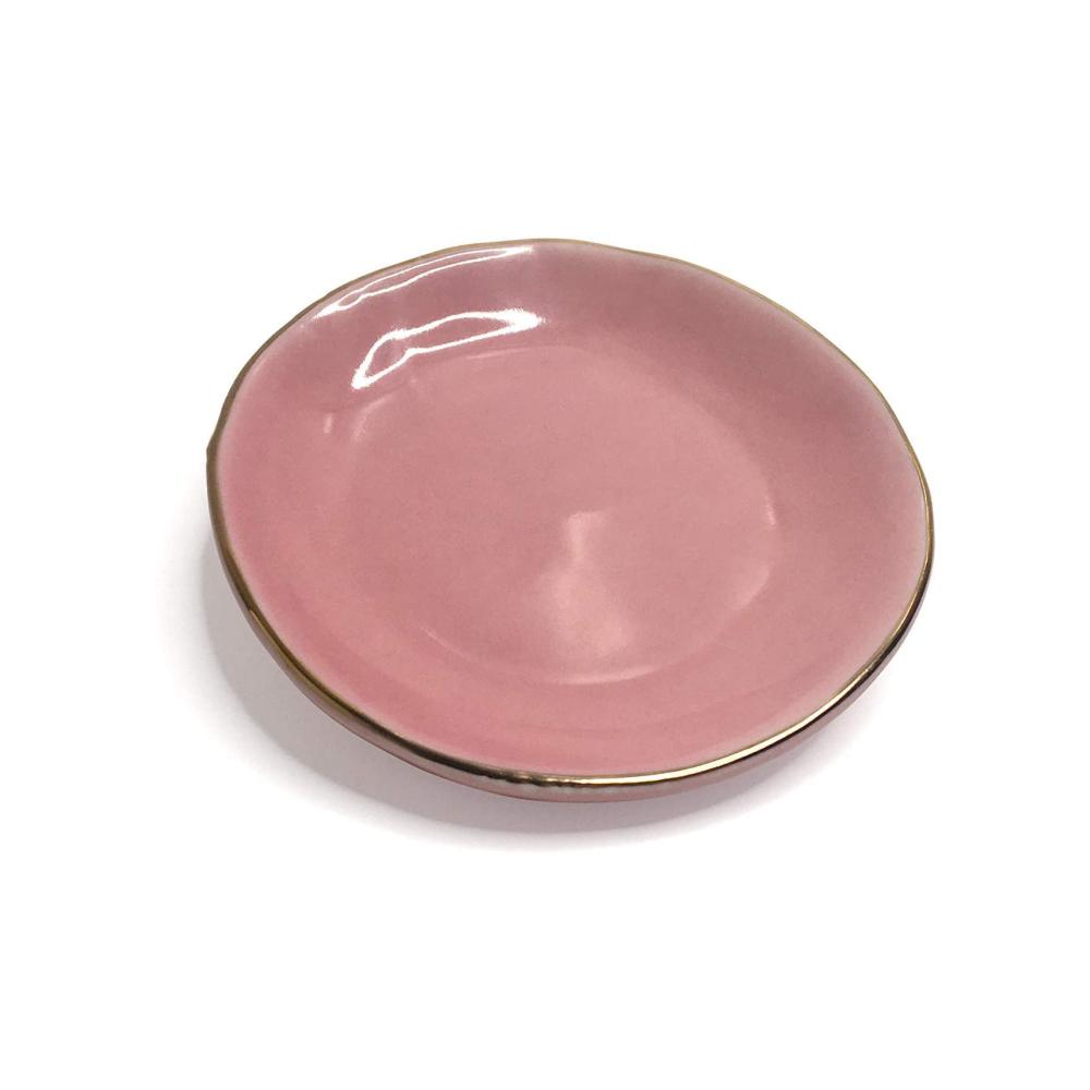 Pink Ceramic Jewelry Dish Gold Rim Circle Trinket Tray