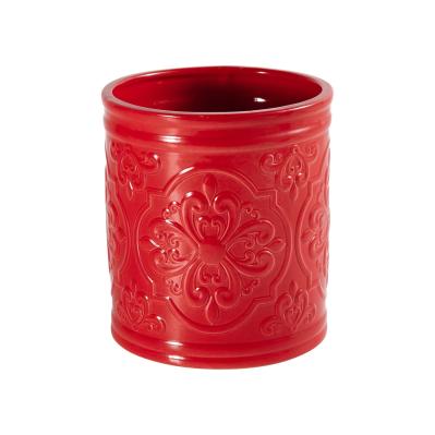 Ceramic Embossed Red Kitchen Utensil Holder Crock picture 1
