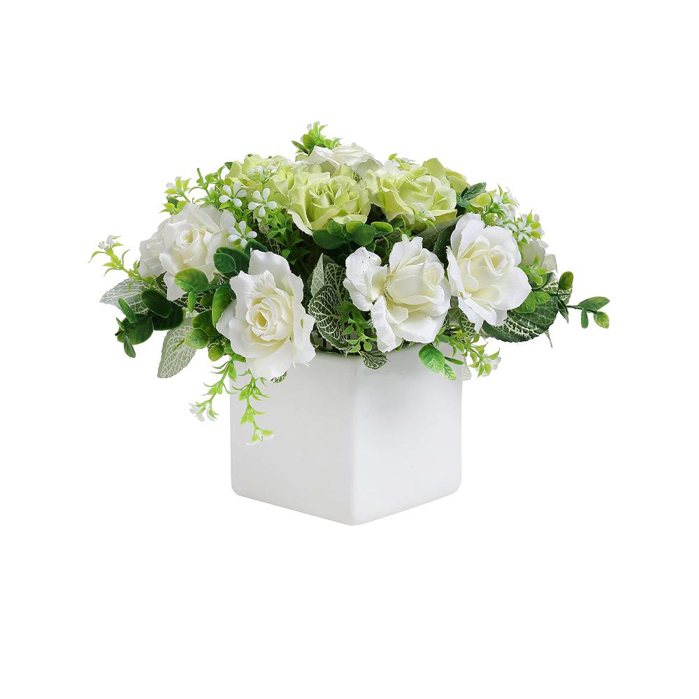 Decorative mid century modern Artificial Ivory Rose Floral Arrangement in Square White Ceramic Vase