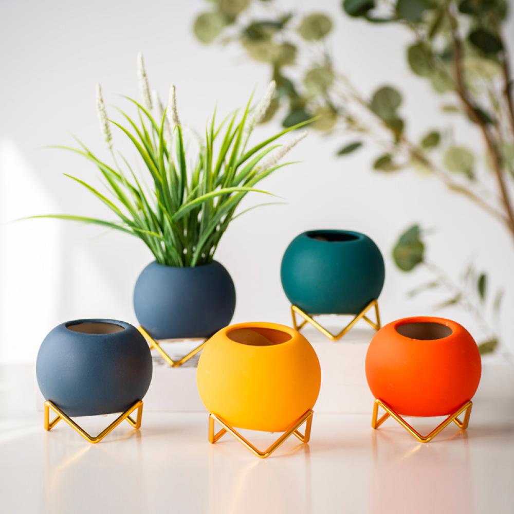 ball shaped home decor nordic style ceramic succulent planter plant pot with metal stand holder