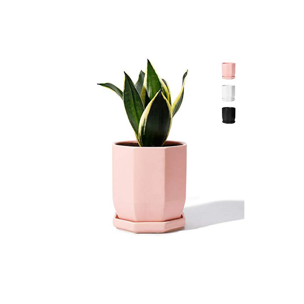 Geometric Pink Ceramic Planter Flower Pot With Saucer