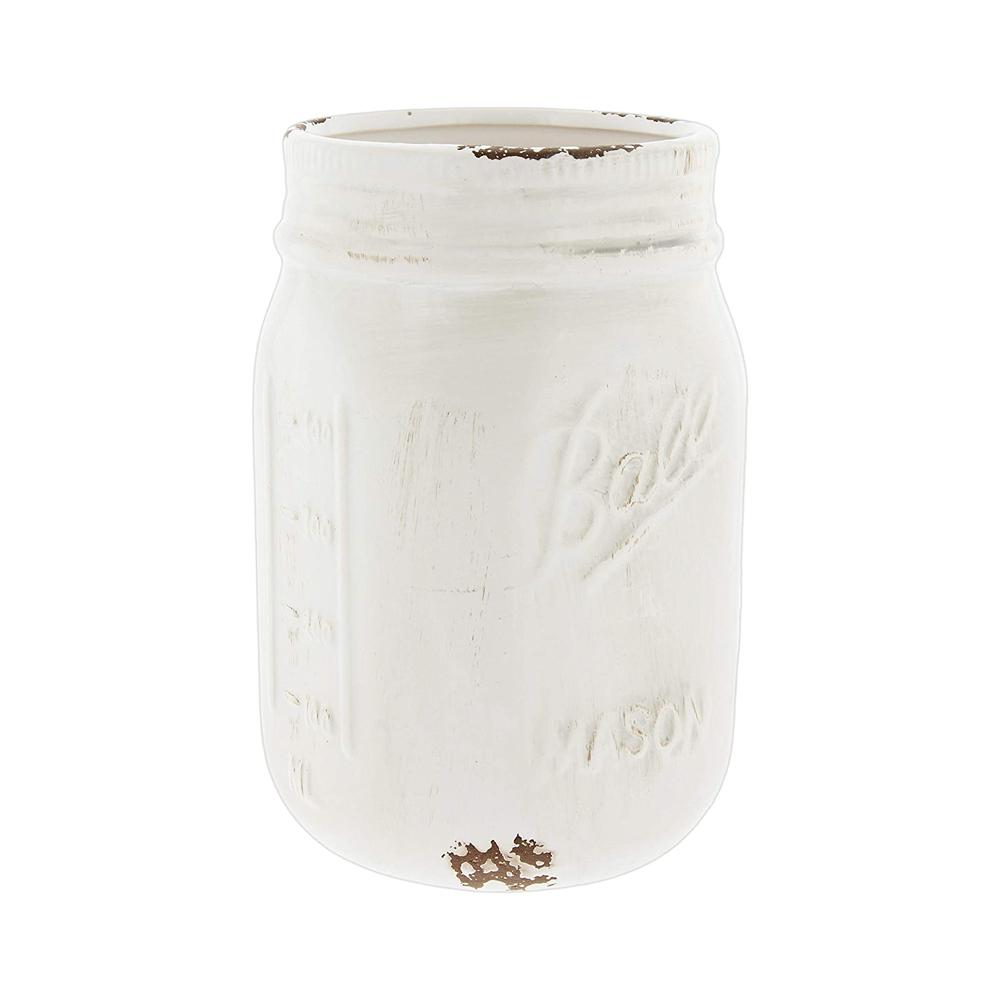 Distressed White Ceramic Mason Jar Vase