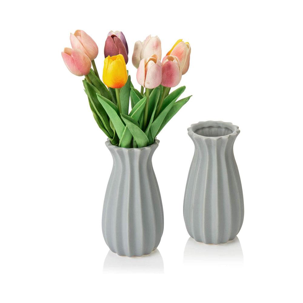Matte Gray Tulip Ribbed Ceramic Flower Vase