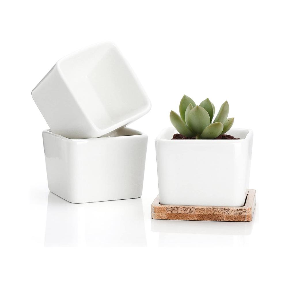 cheap 9cm personalised white small square cube geometric ceramic succulent planter manufacturing with bamboo trays