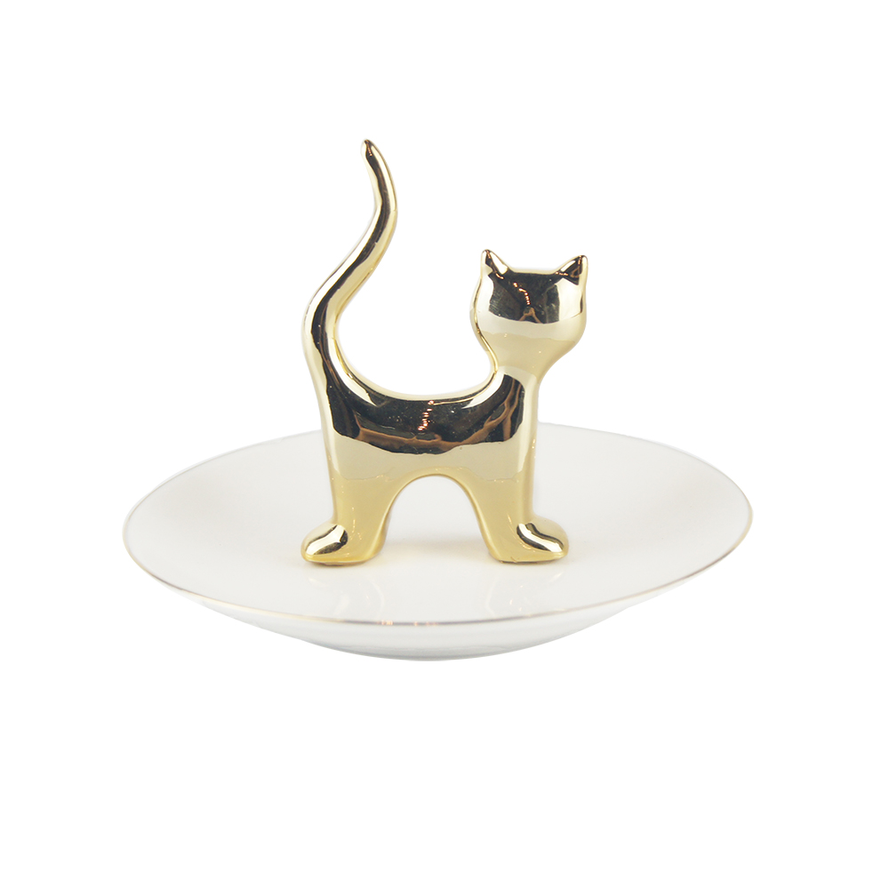 Gold Cat Ceramic Cat Trinket Ring Jewelry Dish Holder