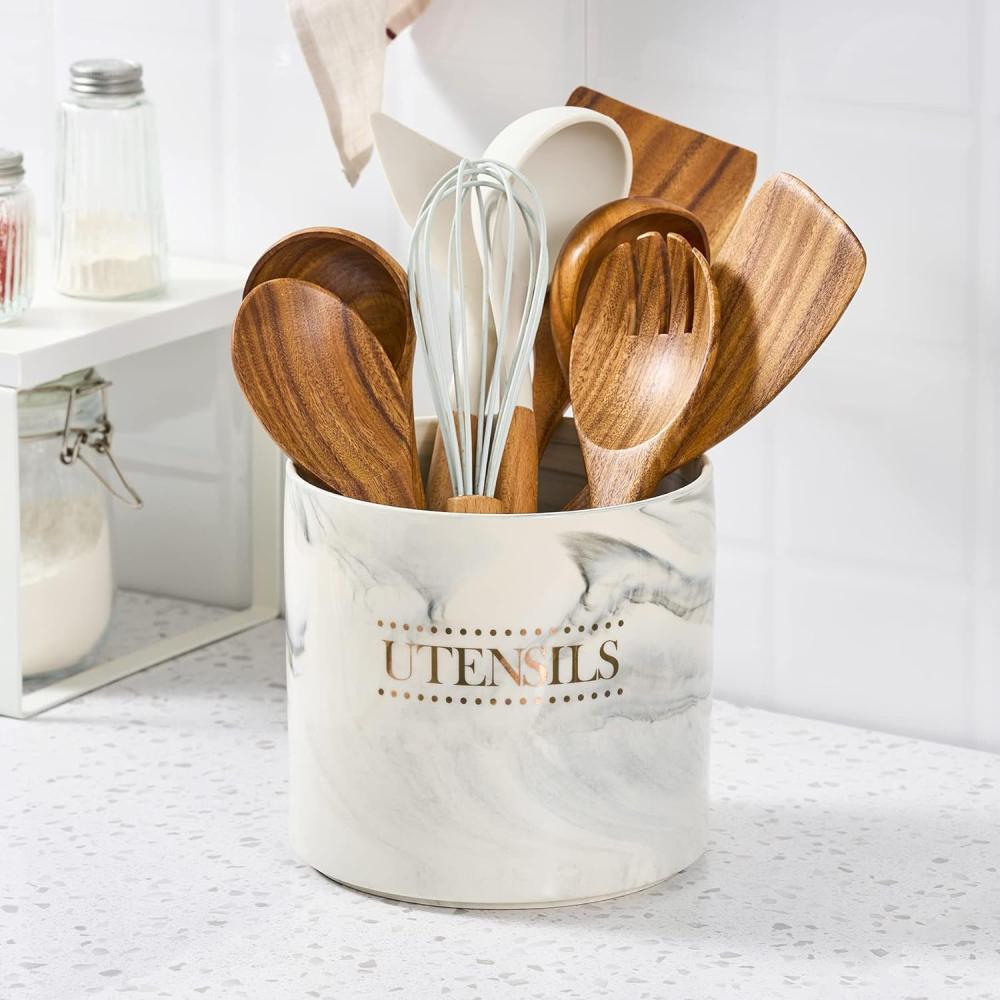 White Marble Ceramic Kitchen Spoon Cutlery Utensil Holder picture 3