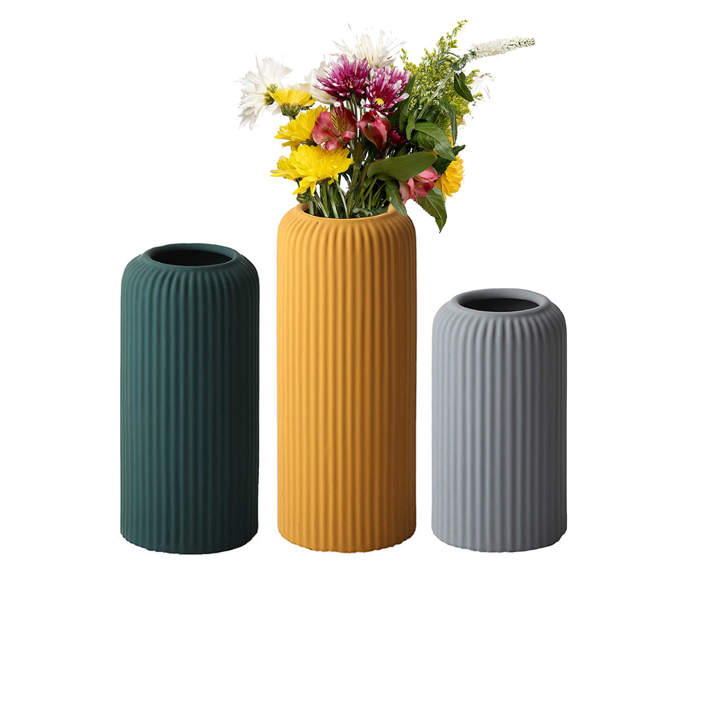 Grey Morandi Stripe Ribbed Matte Flower Ceramic Vase