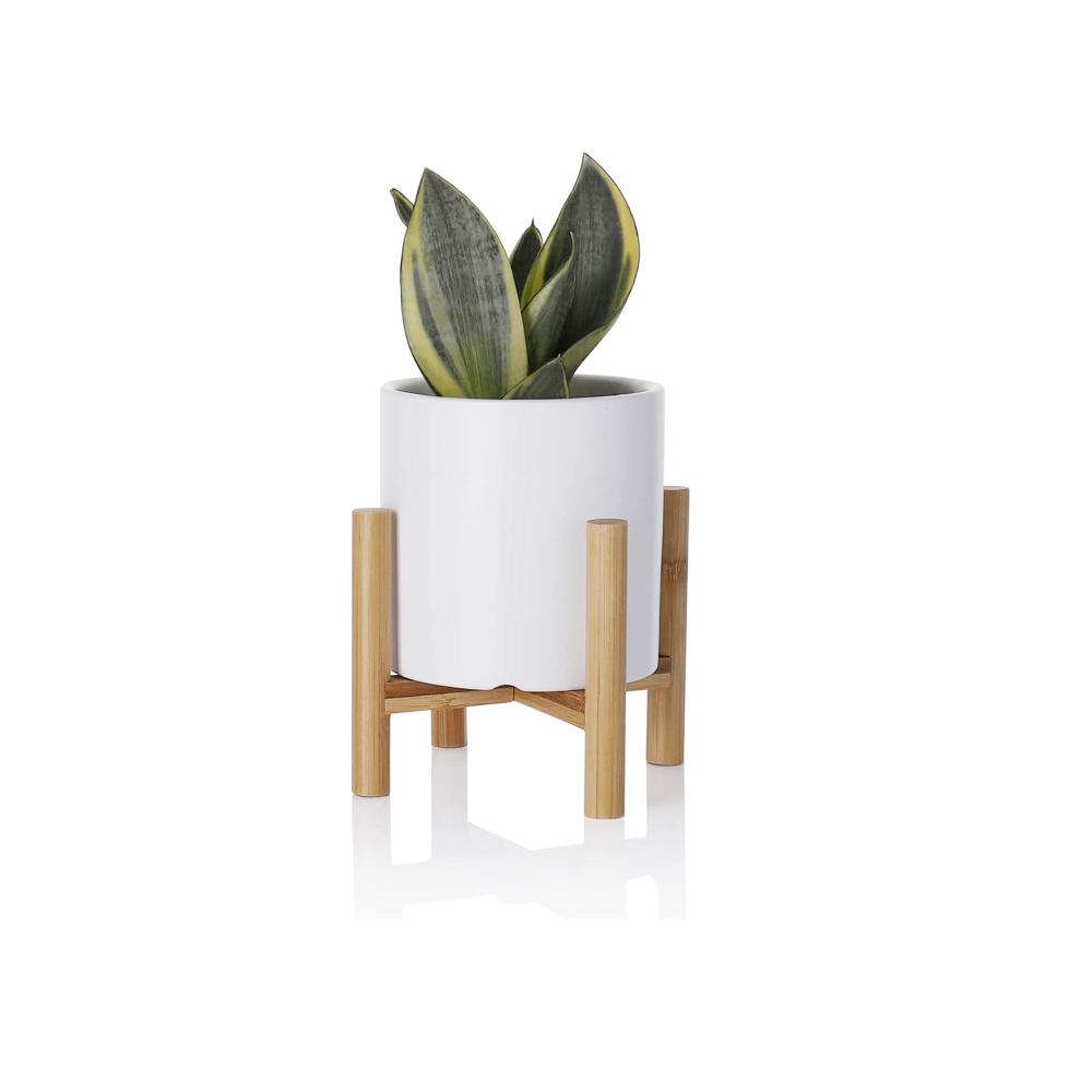 House Ceramic Planter Flower Plant Pot With Wooden Stand 