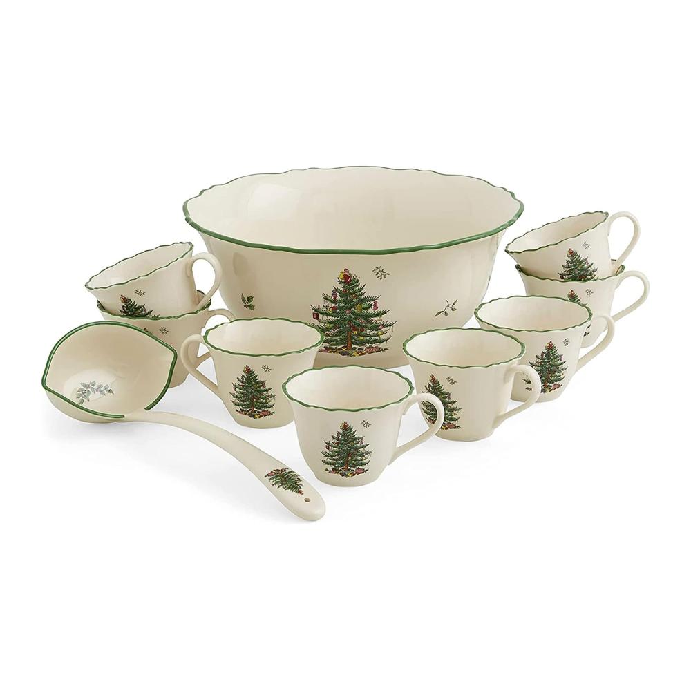 Large Ceramic Punch Bowl Set with Christmas Tree Pattern