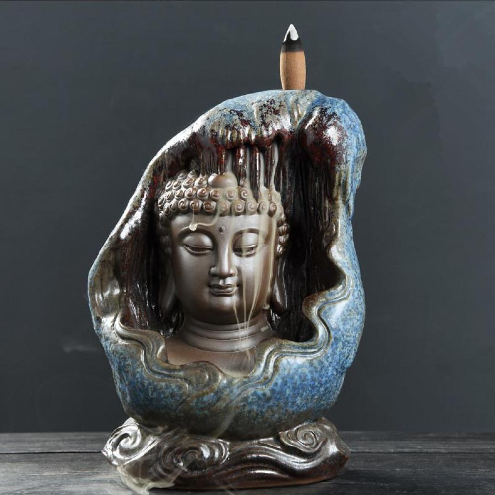 ceramic buddha head backflow incense burner holder picture 3