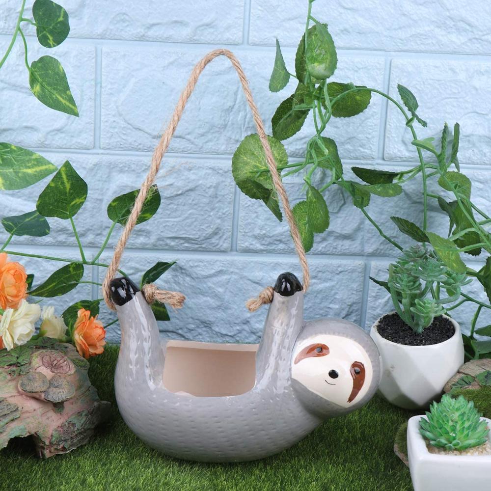 hanging indoor ceramic flower plant pot sloth planter picture 2
