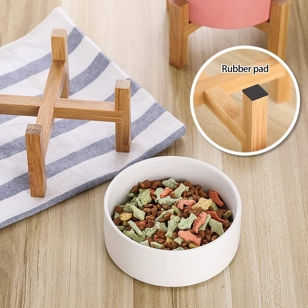 Ceramic Elevated Raised Pet Bowl With Bamboo Holder
