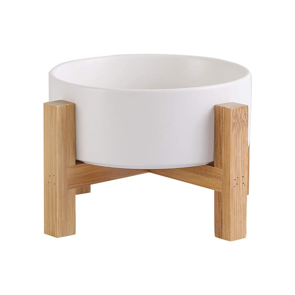 Ceramic Elevated Raised Pet Bowl With Bamboo Holder