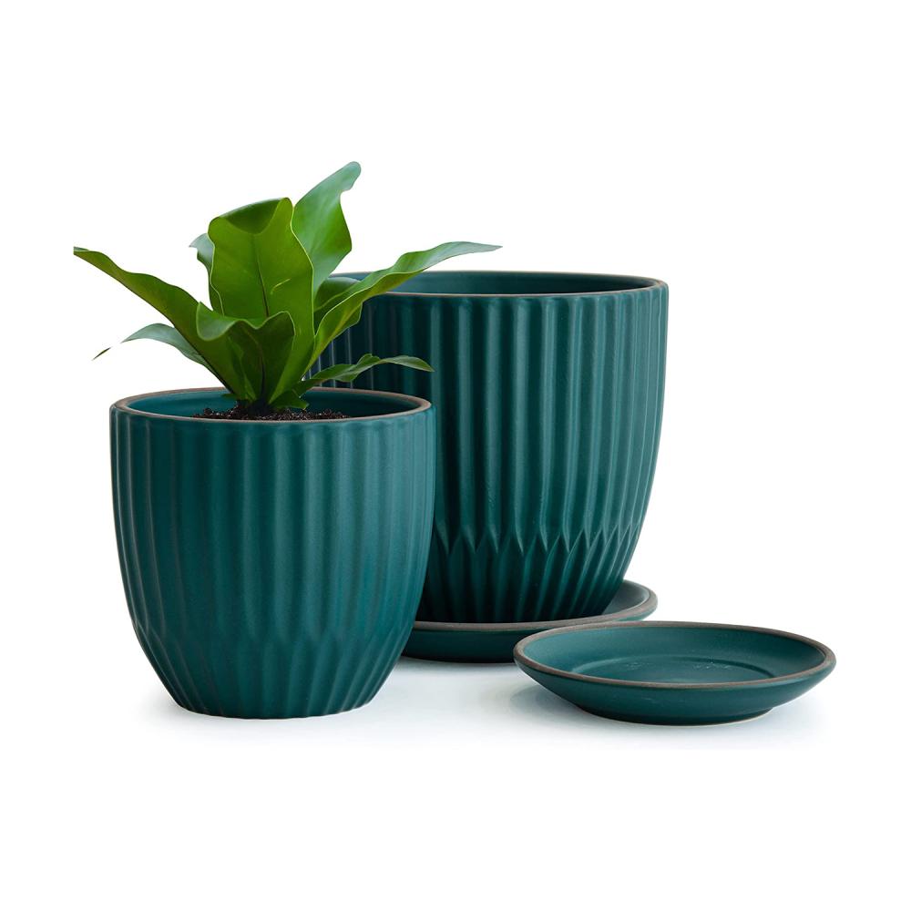 Teal Dark Blue Green Fancy Stoneware Plant Pot