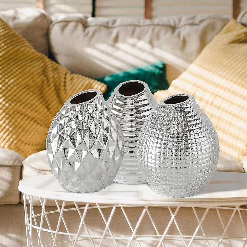 New Factory Diamond Pattern Silver Glazed Iconic Stoneware ceramic Scandinavian Style flower Vases for Home decor