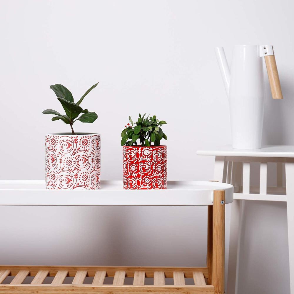 custom emboss ceramic red planter plant flower pot picture 2