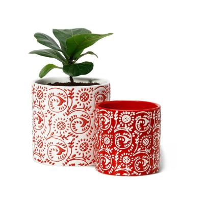 custom emboss ceramic red planter plant flower pot thumbnail