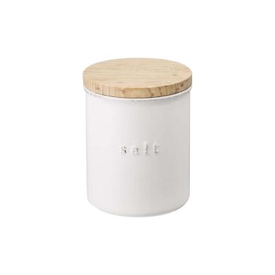 ceramic salt container jar with bamboo lid thumbnail