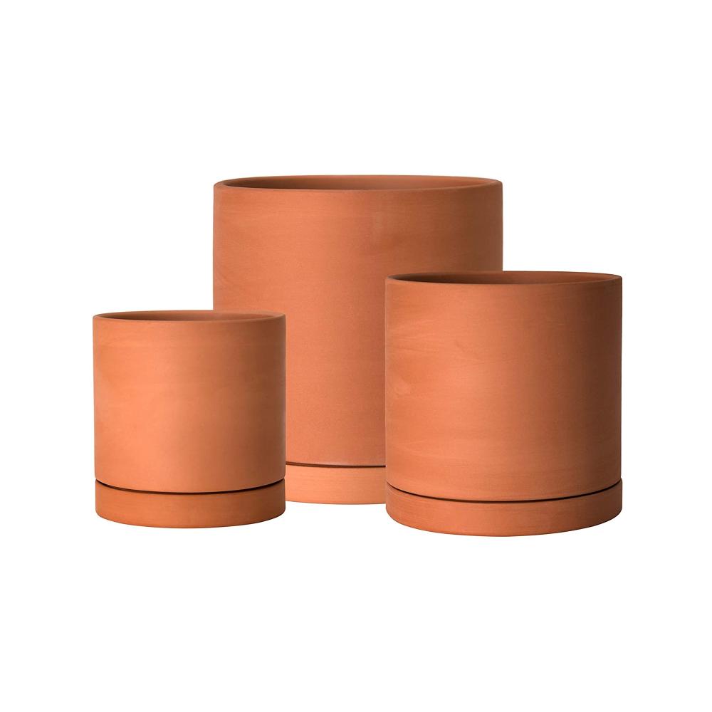 New Custom Wholesale outdoor garden Round Cylinder Terracotta ceramic succulent Planter Plant Flower Pots with Tray Saucer