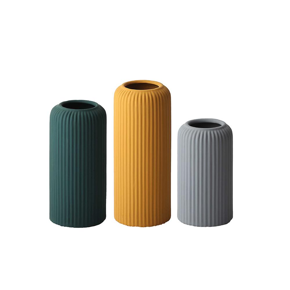 Grey Morandi Stripe Ribbed Matte Flower Ceramic Vase