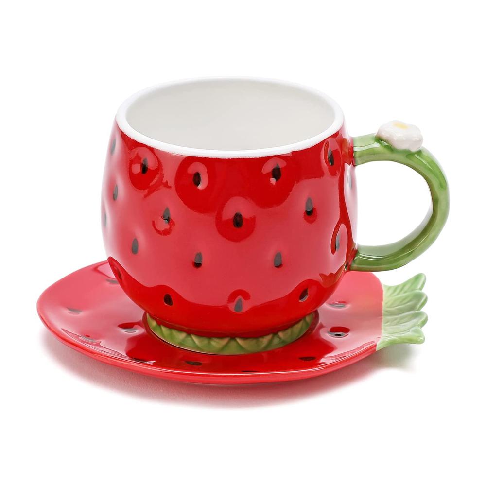 Cute Cartoon Ceramic Strawberry Mug With Saucer