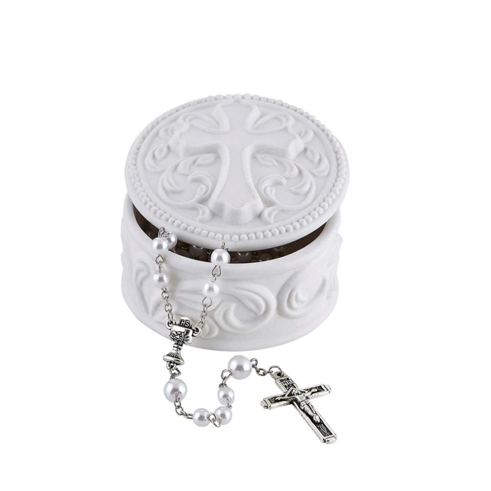 Embossed Cross Ceramics Ring Rosary Box Container