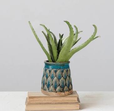 Terrakotta-Vase aus Ton mit reaktiver Glasur und Blattmuster