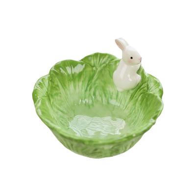 Rabbit Bunny Easter Ceramic Cabbage Leaf Bowl thumbnail