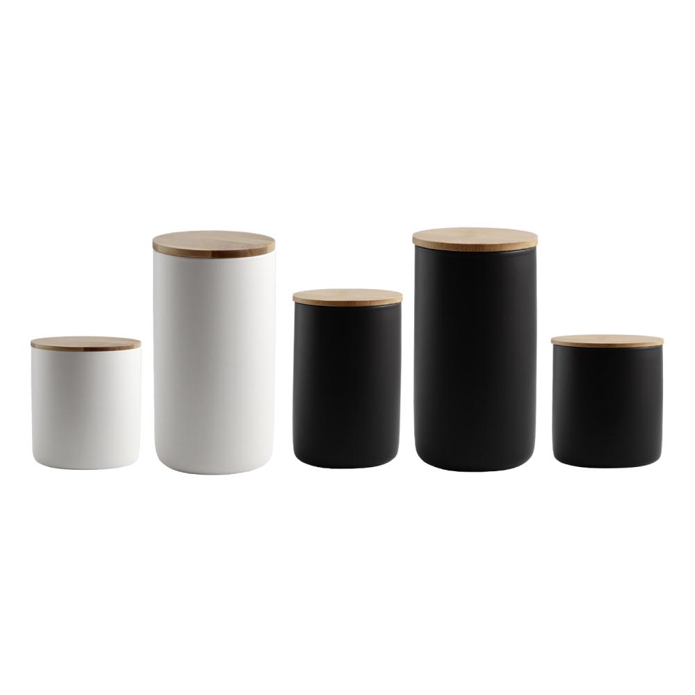 Ceramic White Black Coffee Jar With Bamboo Lid